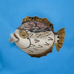 Vtg Far Fetched Fish Brooch Pin Silver Brass Two-toned 1-3/4"
